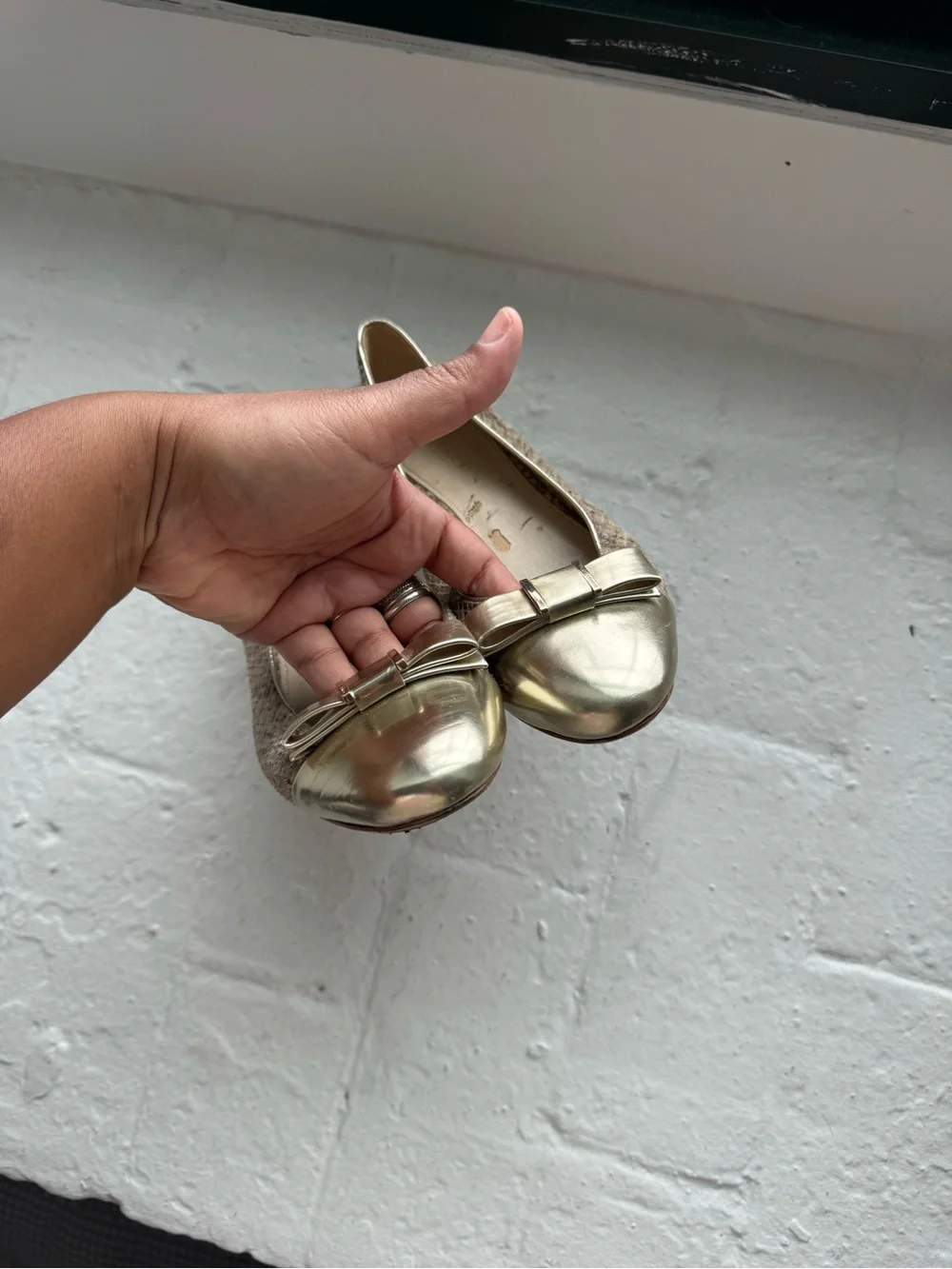 Coach ‘Rivera’ Metallic Taupe Snake-Print Low Block Heel Flats with Bow